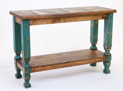 Reclaimed Wood Turquoise Sofa Table-Western-Vintage Look-Rustic-Repurposed-Turquoise Legs-Five Sizes