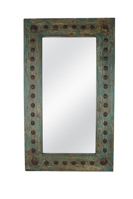 Puebla Mirror-Wood-Handmade-Rustic-Distressed Turquoise-Accent Mirror-Wall-Clavos-Medallions-Primitive-Vanity Mirror-11 Sizes-Best Seller