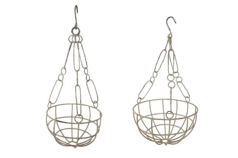 Pearl Farmhouse Iron Hanging Planter Baskets-Farmhouse Style-Primitive-Distressed Shabby White-Pearl Hanging Garden Baskets Set of 2