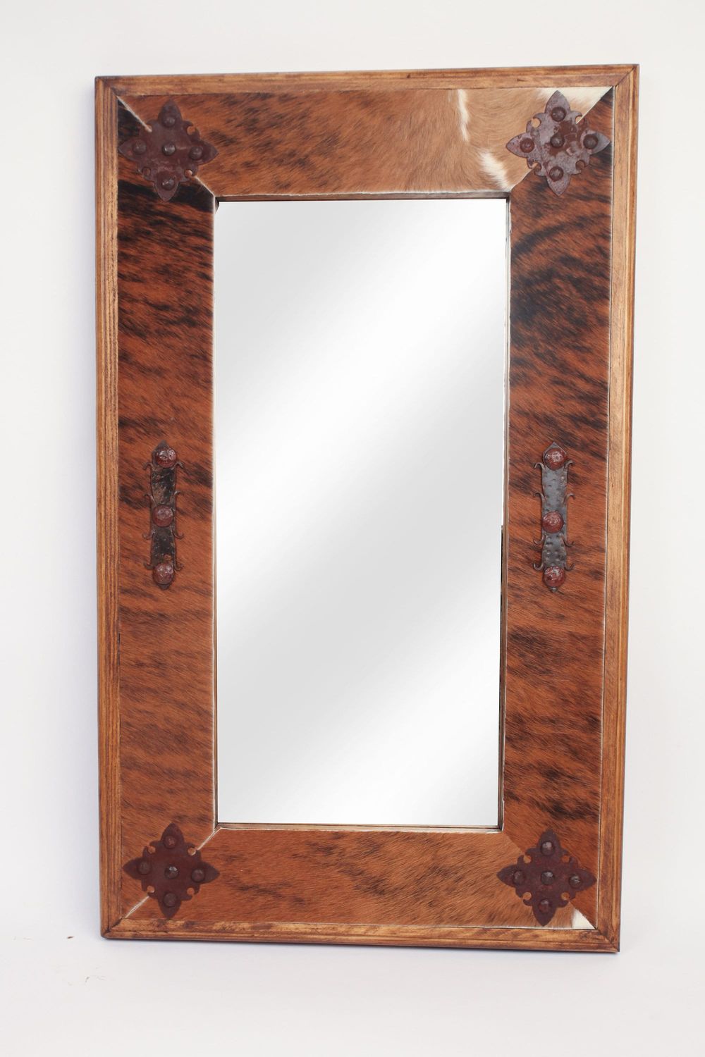 Cowhide Medallion Mirror-Wood-Handmade-Rustic-Western-Accent Mirror-Wall-Clavos-Vanity Mirror-11 Sizes