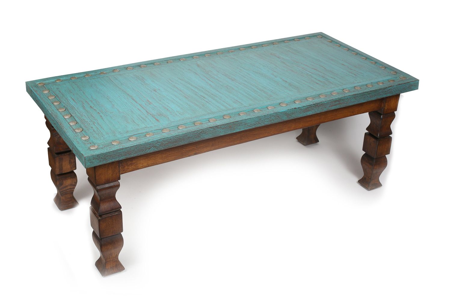 Silver Trails™ Turquoise Coffee Table-Western-Handcrafter-Vintage Look-Rustic-Silver Conchos-Clavos-Several Sizes