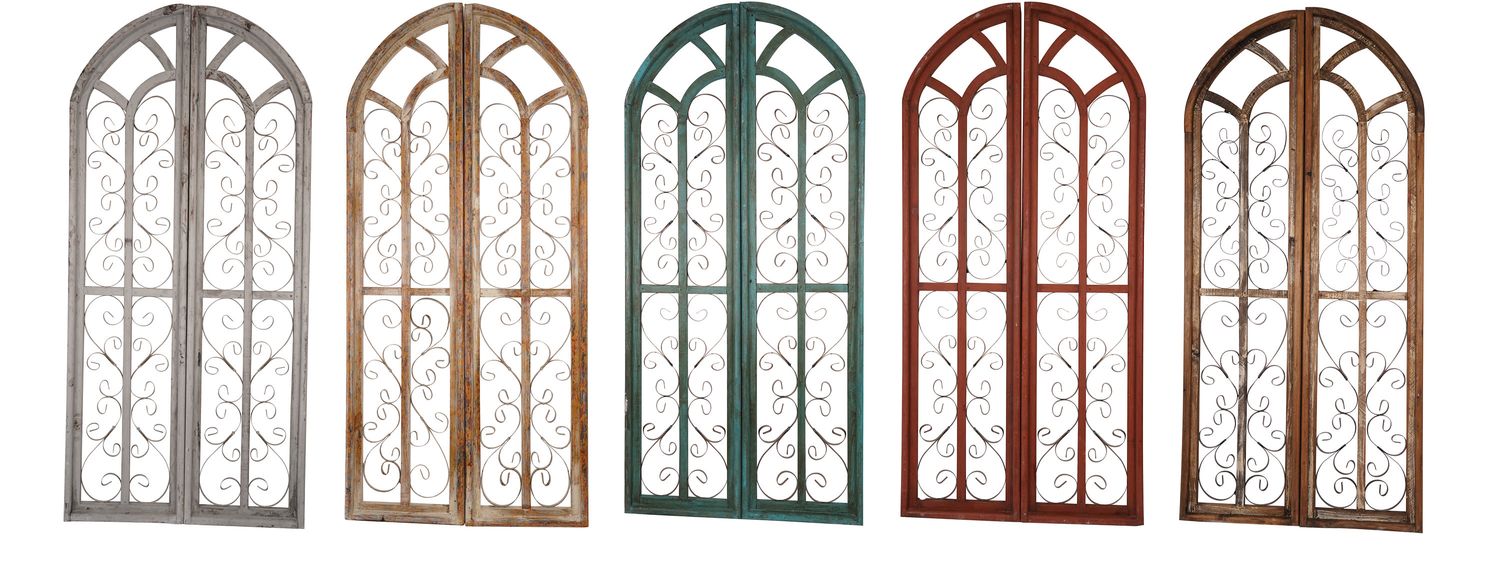 Saint Francis Wood & Iron Decorative Window-Farmhouse-Wall-Primitive-Garden-Patio-27x60-Distressed-Rustic-Five Colors-Pair
