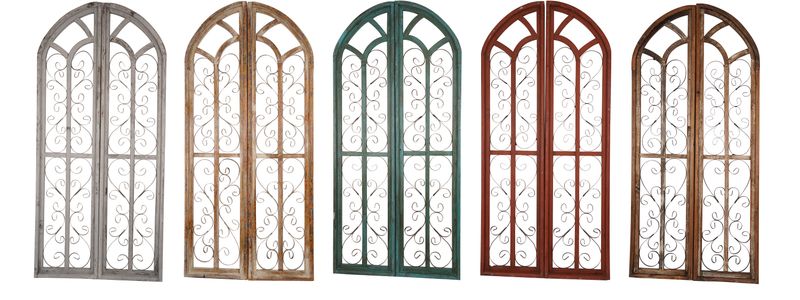 Saint Francis Wood & Iron Decorative Window-Farmhouse-Wall-Primitive-Garden-Patio-27x60-Distressed-Rustic-Five Colors-Pair