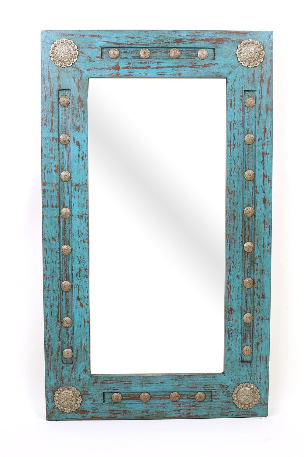 Silver Trails Mirror-Wood-Handmade-Rustic-Distressed Turquoise-Accent Mirror-Wall-Clavos-Medallions-Primitive-Vanity Mirror-11 Sizes-
