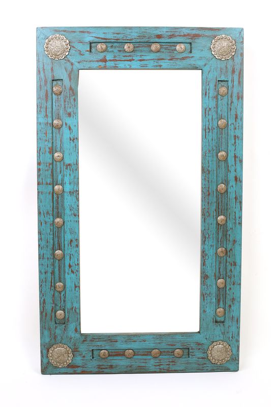 Silver Trails Mirror-Wood-Handmade-Rustic-Distressed Turquoise-Accent Mirror-Wall-Clavos-Medallions-Primitive-Vanity Mirror-11 Sizes-