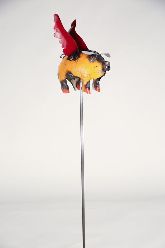 Flying Pig on a Stake-Yard Art-5Wx10Lx36H-Garden Stake-Pig-Decor-Garden-Handmade-One of a Kind-Garden Metal Stake-Pig-NEW