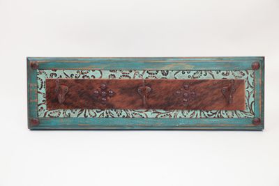 Turquoise Ranch Hat Rack- Rustic -Wood-Mexican-Western-Cowboy-Coat Rack-Cowhide-Leather-Tooled-26x8x4