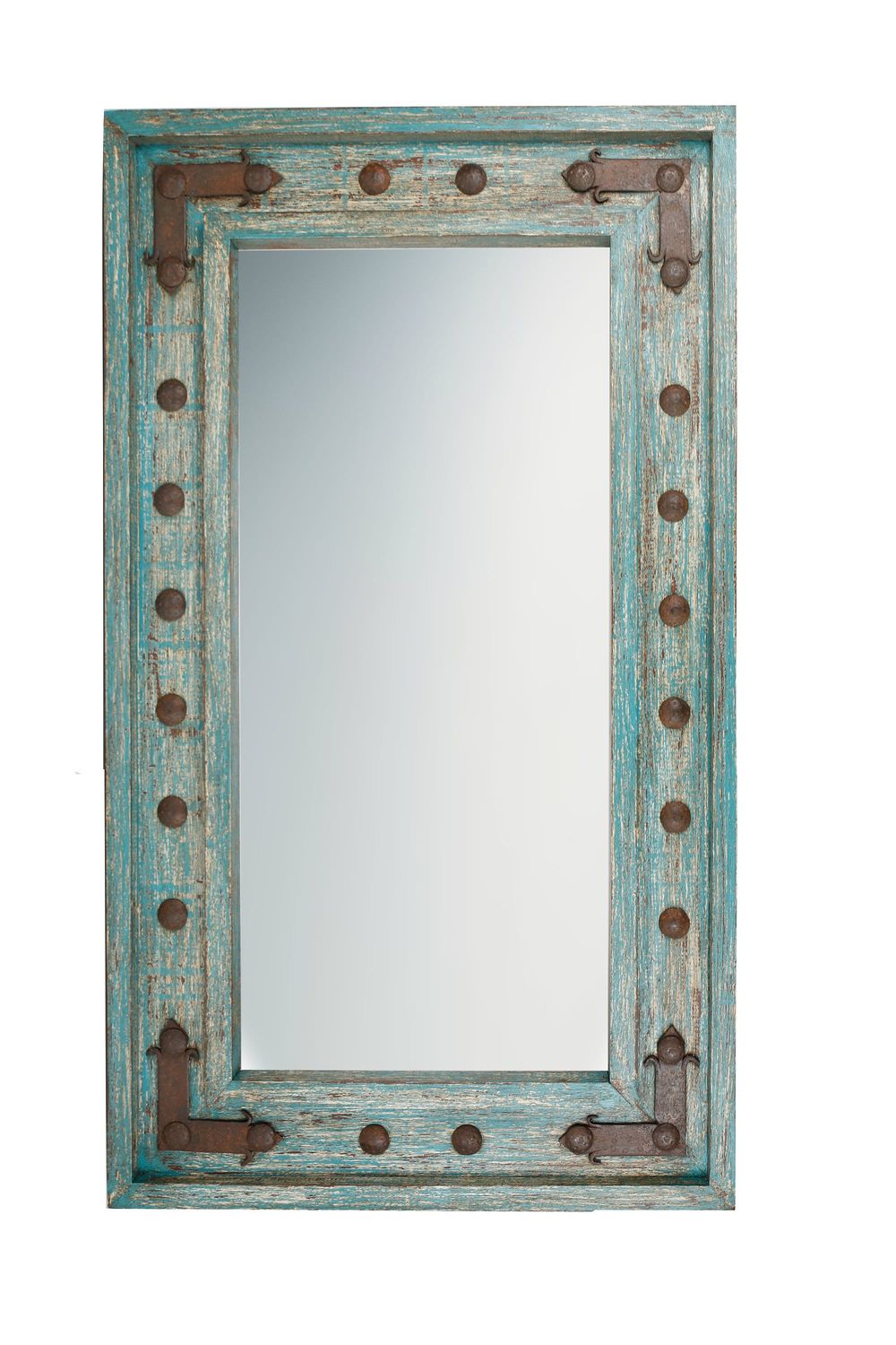 Soluna Mirror-Wood-Handmade-Rustic-Wall-Clavos-Primitive-Vanity Accent Mirror-Farmhouse-Distressed Turquoise-Loft-17 Sizes