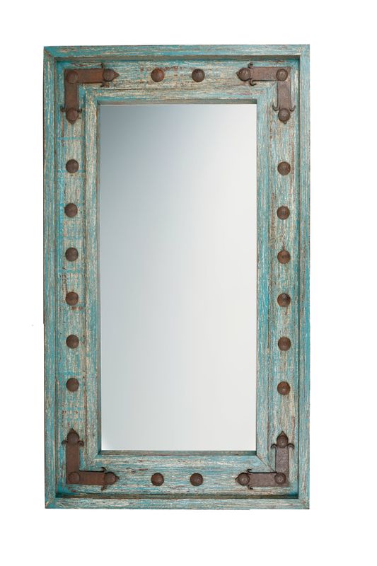 Soluna Mirror-Wood-Handmade-Rustic-Wall-Clavos-Primitive-Vanity Accent Mirror-Farmhouse-Distressed Turquoise-Loft-17 Sizes