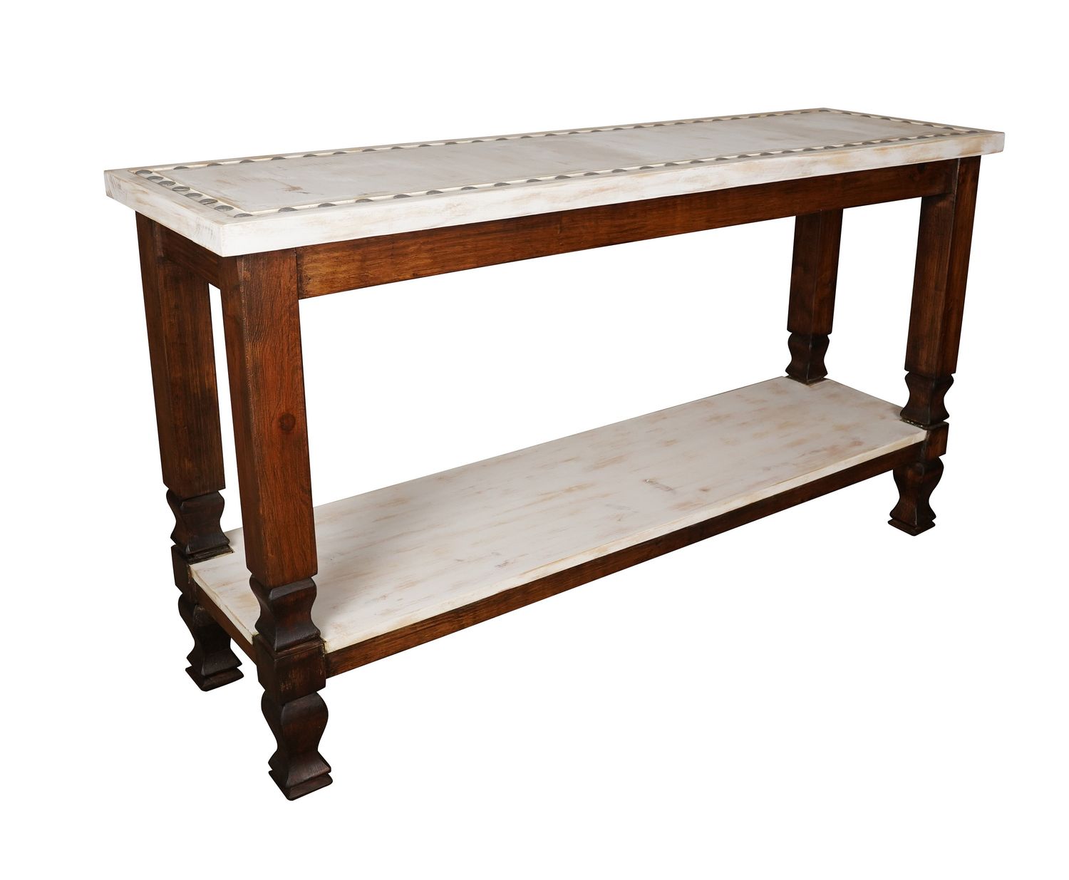 Sierra Creek Wooden Credenza-Western-Rustic-Silver Conchos-Clavos-Two Levels-Sofa Table-Rustic Farmhouse-White-Four Sizes