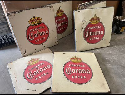 Corona Metal Table Porcelain Tops-Mexican-Restaurant- Bar-30x30-Beer-Man Cave-Patio Furniture-Vintage-Lot of 2