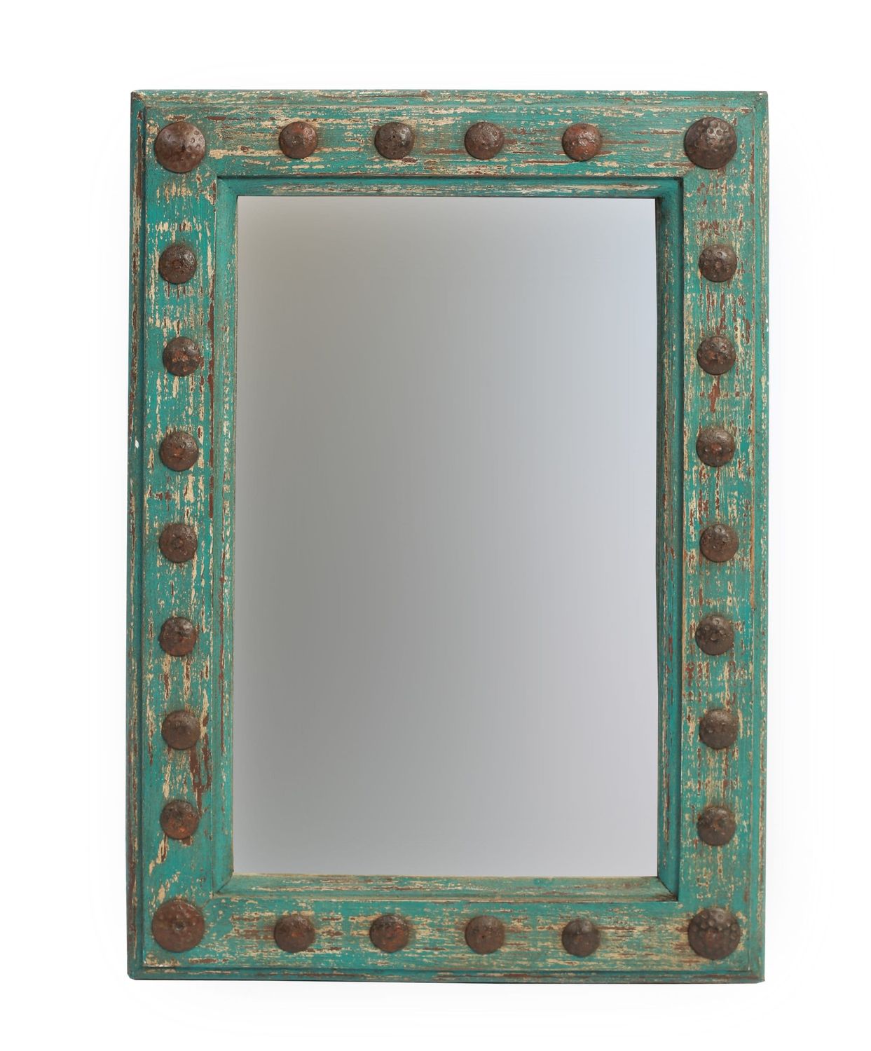Mossy Creek Mirror-Wood-Handmade-Rustic-Wall-Clavos-Primitive-Vanity Accent Mirror-Farmhouse-Chic-Industrial Loft-Turquoise-17 Sizes