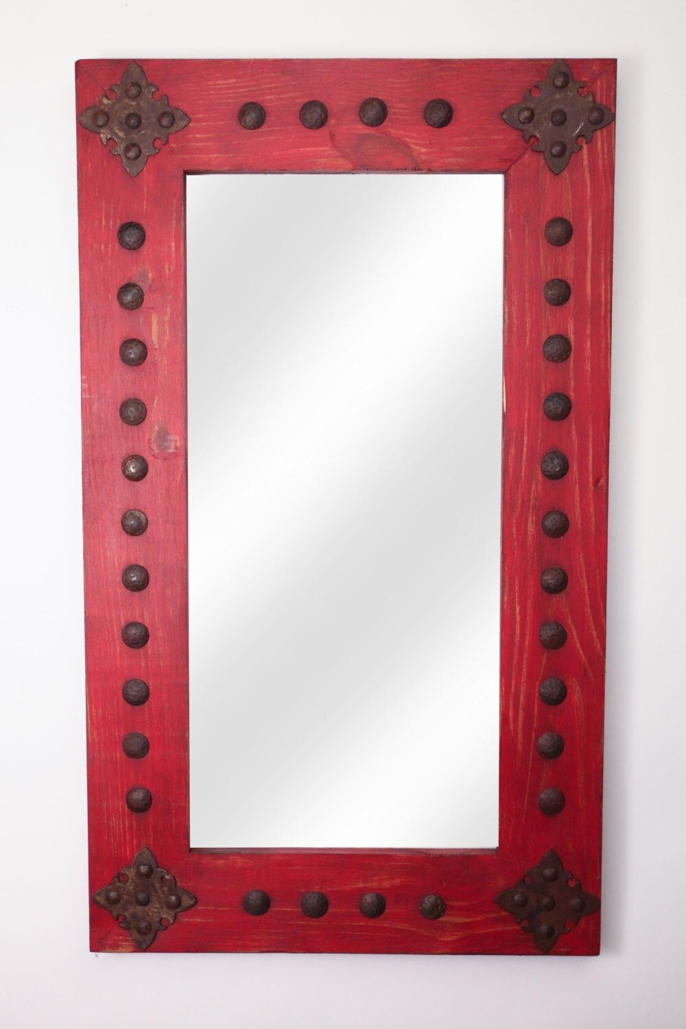 Red Adobe Rustic Mirror-20x34 inches-Wood-Mexican-Rustic-Western-Cowboy-Clavos-Vanity-Accent-Medallions