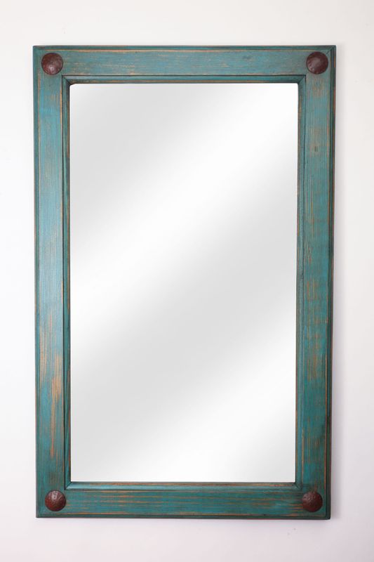 Turquoise Creek Mirror-Wood-Handmade-Rustic-Wall-Clavos-Primitive-Vanity Accent Mirror-Western-Industrial Loft-Turquoise-16 Sizes