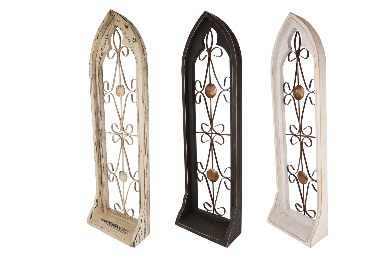 Memphis Wall Decor Window With Shelf-Iron Scroll-Farmhouse-Garden-11x38 inches-Three Colors-NEW