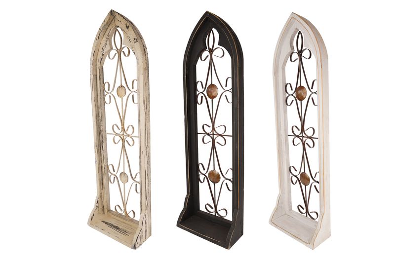 Memphis Wall Decor Window With Shelf-Iron Scroll-Farmhouse-Garden-11x38 inches-Three Colors