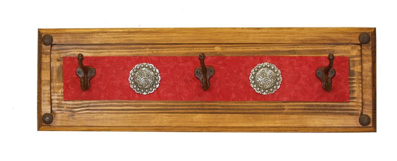 Red Ranch Hat Rack- Rustic -Wood-Western-Cowboy-Coat Rack-Cowhide-Embossed Leather-Tooled-26x8x4-Iron Silver Medallions