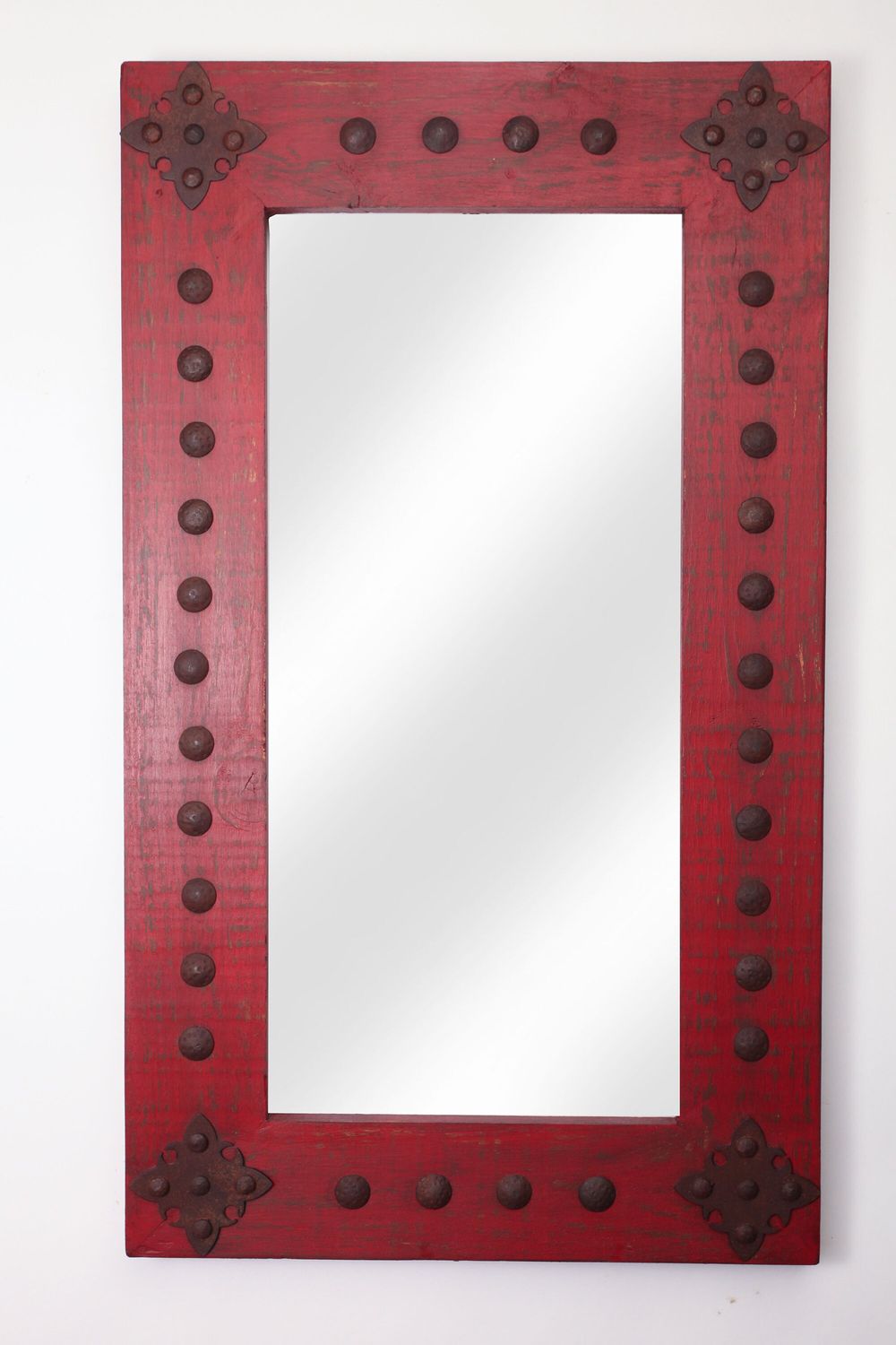 Chihuahua Red Rustic Mirror-20x34 inches-Wood-Mexican-Rustic-Western-Cowboy-Clavos-Vanity-Accent-Medallions-Chihuahua Mirror