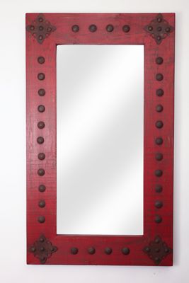 Chihuahua Red Rustic Mirror-20x34 inches-Wood-Mexican-Rustic-Western-Cowboy-Clavos-Vanity-Accent-Medallions-Chihuahua Mirror