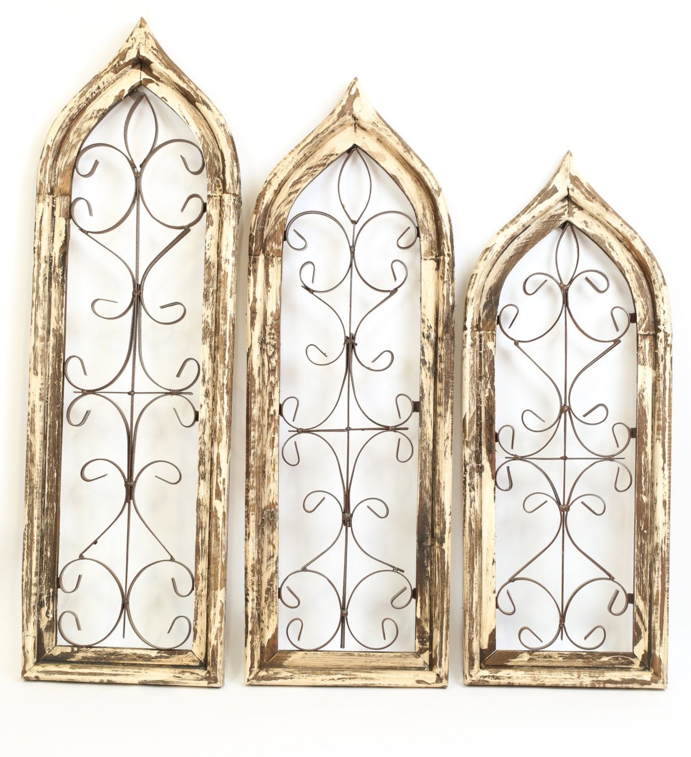 Architectural White & Brown Wall Decor Windows Set of 3-Primitive-Rustic-Garden