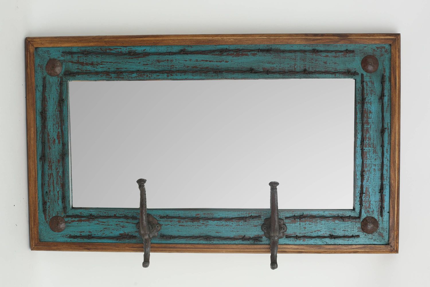 Turquoise Ranch Barb Wire Mirror-34x20 inches Hat Rack-Turquoise-Mexican-Western-Wall-Lodge-Old Ranch-Barbed Wire-Horizontal