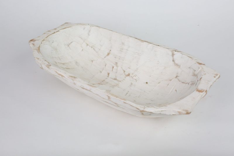 Rustic Deep Wooden Dough Bowl with Handles-Trencher-Batea-Wooden Doughboard-Doughbowl-9-11W x 19-21L-Pure White
