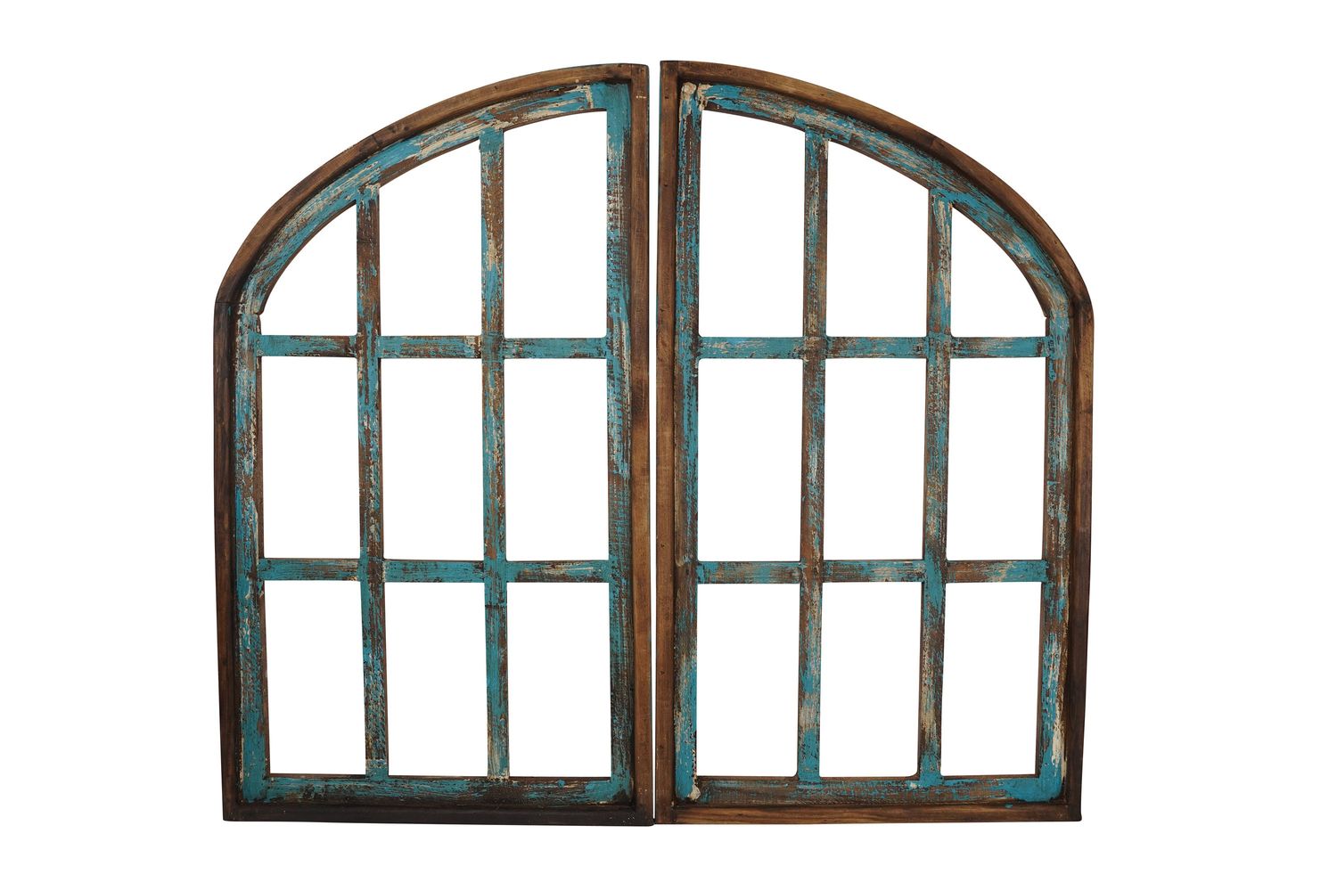 Spring Hill Window Pair-Arched-Farmhouse-Window-Wall-Primitive-Garden-Patio-41x32 Inches-Distressed-Farmhouse-Rustic-Pair-Turquoise
