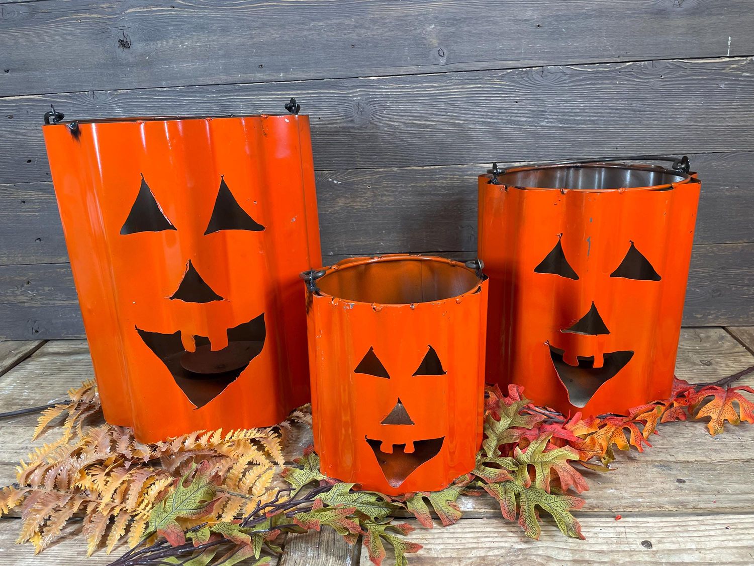 Halloween Pumpkin Buckets-Set 3-Metal-Garden-Nesting-Orange-Outdoor Decor-Handmade-Buckets-Halloween-Buckets-Orange