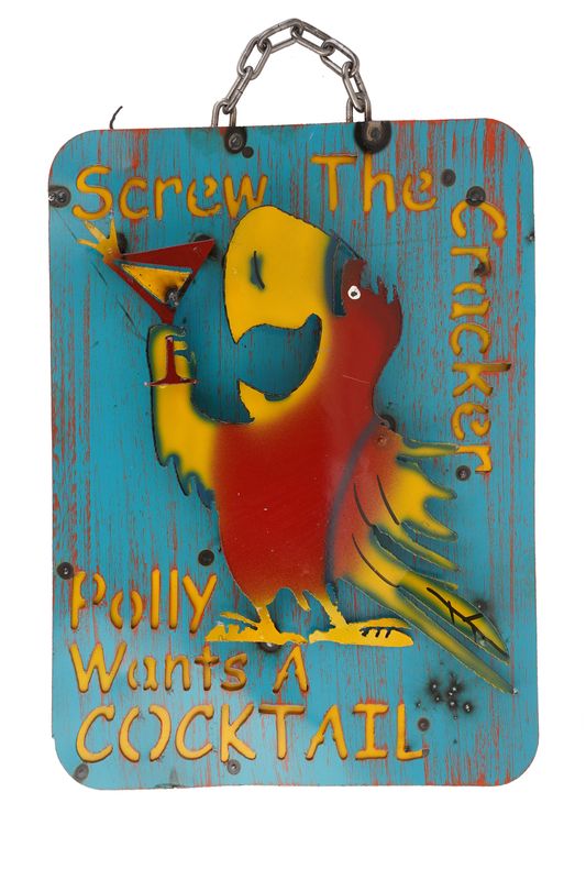 Polly Wants a Cocktail Metal Sign-12x15 inches-Art-Garden-Colorful Metal Sign-Wall Decor-Outdoor sign-Parrot