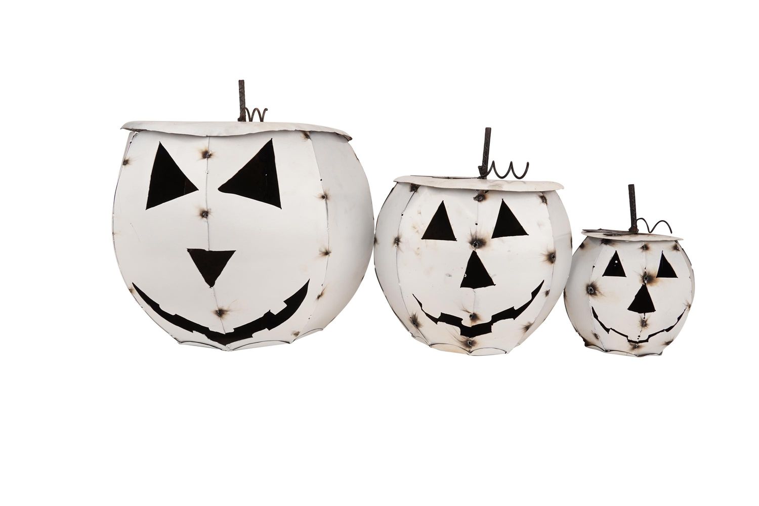Halloween Pumpkin-Set 3-Metal-Garden-Nesting-White-Outdoor Decor-Handmade-Halloween-White
