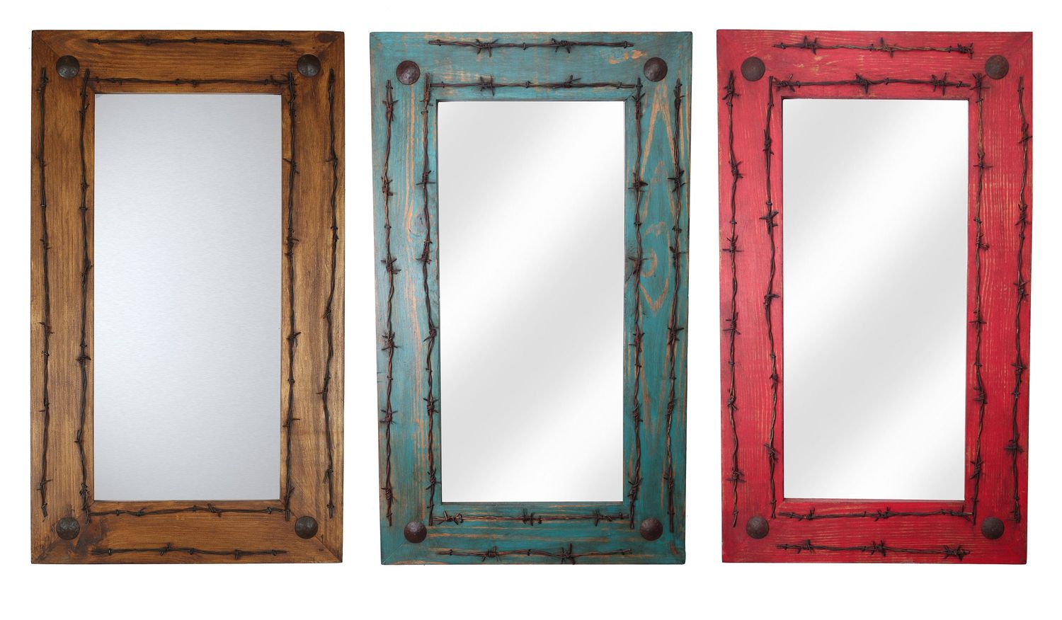 Old Ranch Rustic Barbed Wire Mirror-Mexican-Western-Lodge-Wood-Wall-Bathroom Vanity-Distressed-Three Colors-13 Sizes-Custom