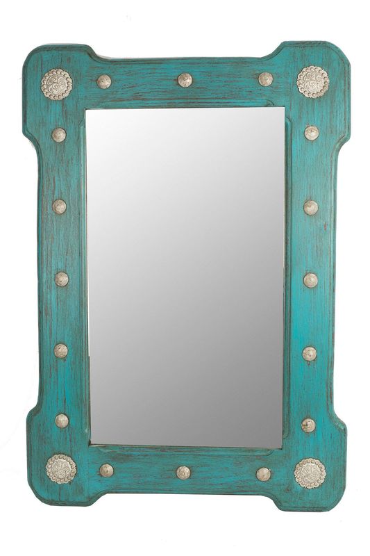 Silver Creek Concho Turquoise Mirror-25x36 inches-Wood-Mexican-Rustic-Cowboy-Clavos-Western-Vanity-Bathroom-Distressed Turquoise