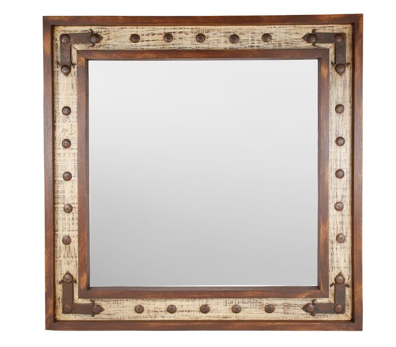 Desert Trails Mirror-Wood-Handmade-Rustic-Wall-Clavos-Primitive-Vanity Accent Mirror-Farmhouse-Distressed White-Brown-Loft-16 Sizes