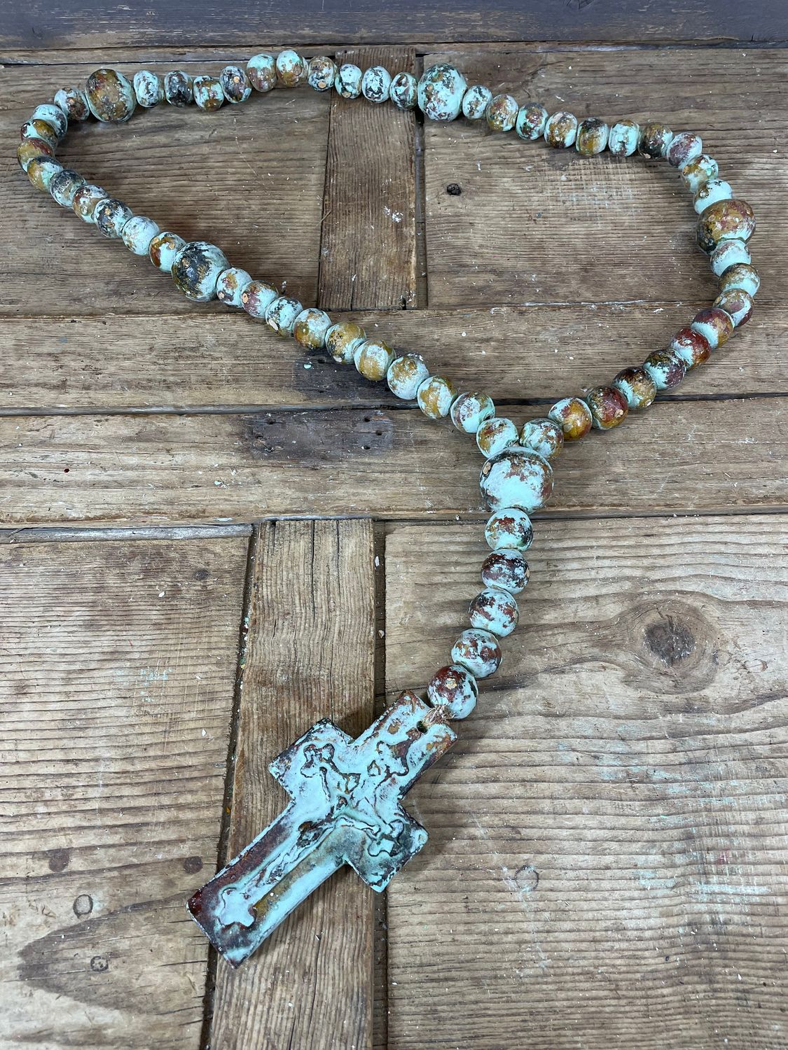 Trinity Large Clay Rosary-31-35 inches-Beads-Farmhouse-Primitive-Handmade-Hand Painted-Cross-Crosses-Large-Turquoise