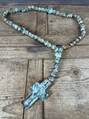 Trinity Large Clay Rosary-31-35 inches-Beads-Farmhouse-Primitive-Handmade-Hand Painted-Cross-Crosses-Large-Turquoise