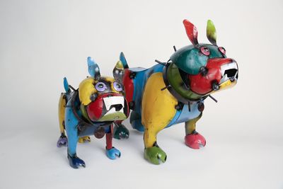 Recycled Metal Bulldog-Yard Art-Decor-Garden-Patio-Animal-Metal-Two Sizes-Colorful