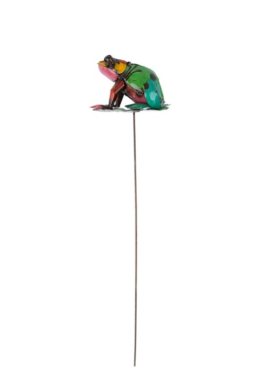 Frog on a Garden Stake-Recycled Metal Frog-Yard Art-8x28H inches-Metal-Colorful