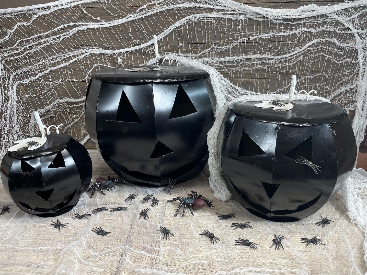 Halloween Pumpkin-Set 3-Metal-Garden-Nesting-Black-Outdoor Decor-Handmade-Halloween-Black
