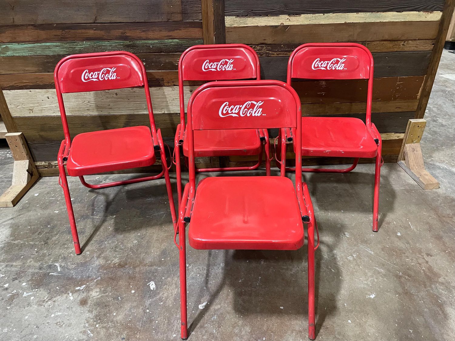 Set of 4 Coca Cola Metal Chairs-Mexican-Restaurant-Bar-Soda-Man Cave-Patio Furniture-Set of 4 Stackable Chairs-NEW