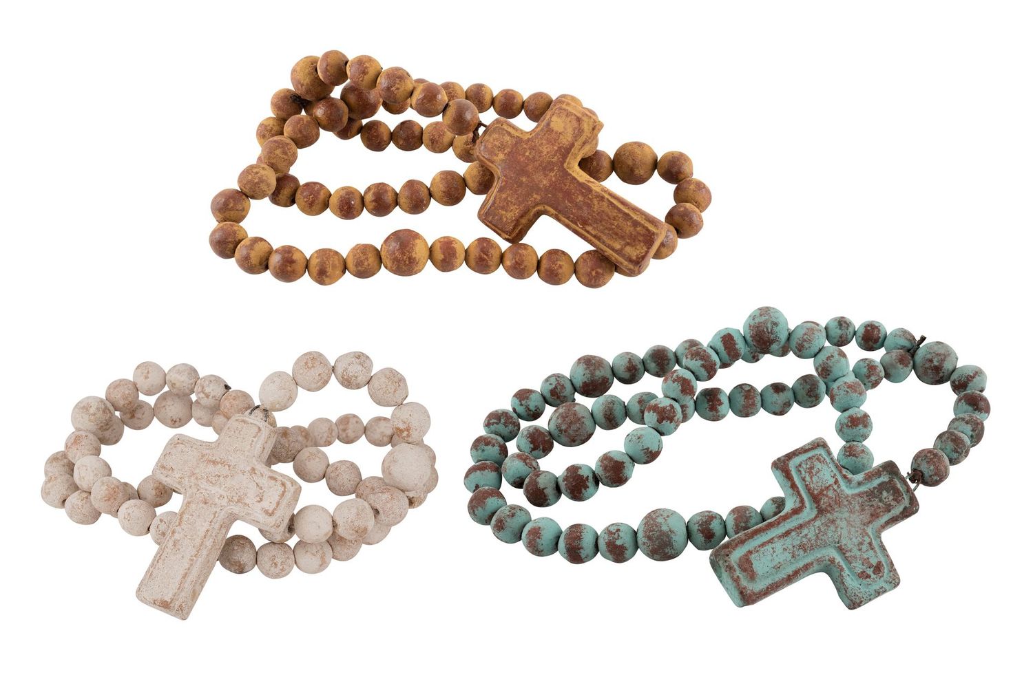 Clay Rosary-39-44 inches-Beads-Primitive-Handmade-Hand Painted-Cross-Crosses-Large-Three Colors