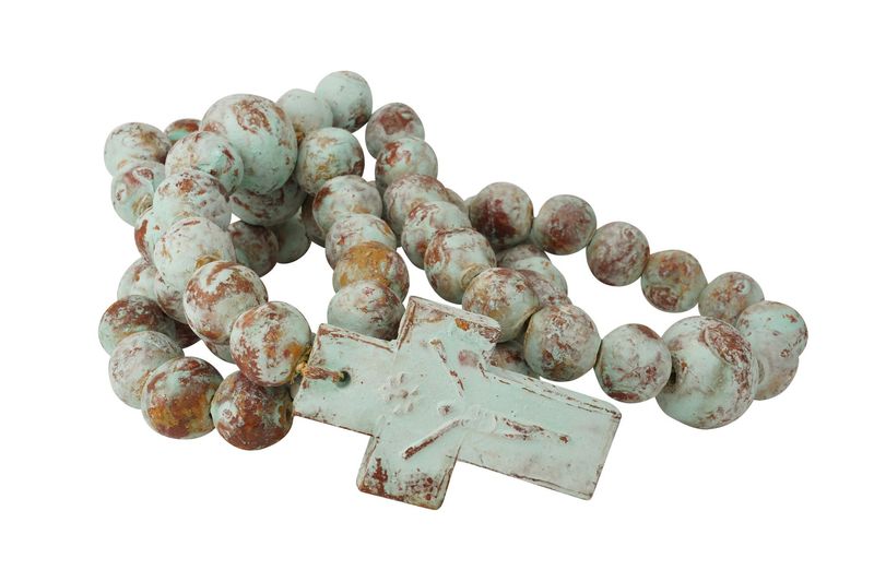 Trinity Large Clay Rosary-31-35 inches-Beads-Farmhouse-Primitive-Handmade-Hand Painted-Cross-Crosses-Large-Turquoise