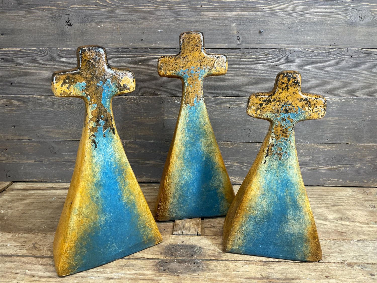 Old World Cross-Set of 3-Pedestal Clay Cross-Handmade-Hand Painted Clay-NEW