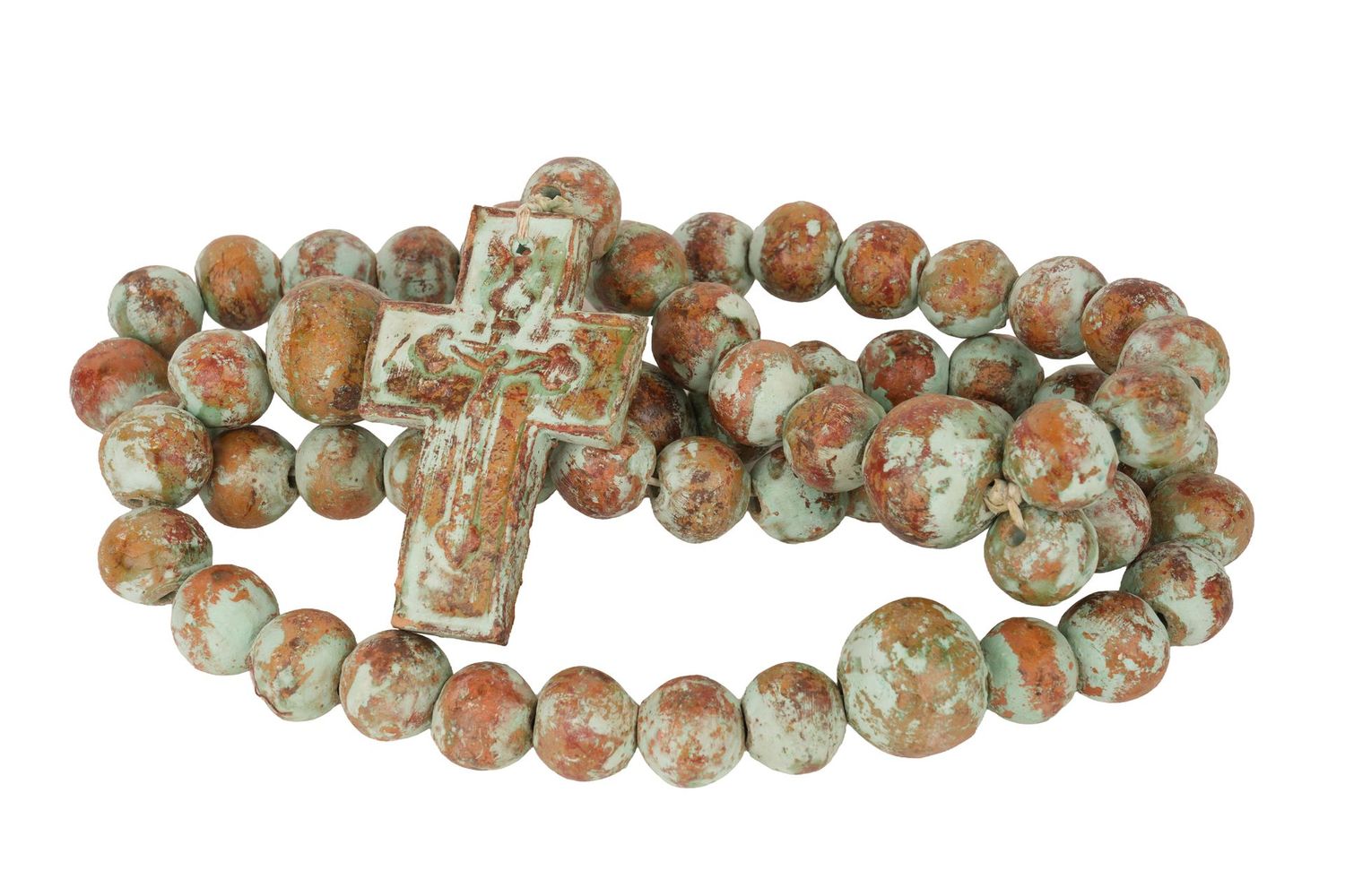 Hope Clay Rosary-WH-Beads-Gorgeous-Turquoise-XLG-54 Inches Long-Primitive-Handmade-Hand Painted-Cross-Extra Large-Turquoise-#6