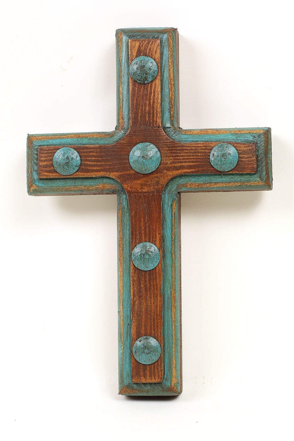 Santa Fe Cross-8x12 inches-Iron Clavo Accents-Clavos-Handmade-Wood-Rustic-Turquoise and Brown