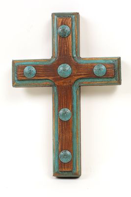 Santa Fe Cross-8x12 inches-Iron Clavo Accents-Clavos-Handmade-Wood-Rustic-Turquoise and Brown Santa Fe Cross-8x12 inches-Iron Clavo Accents-Clavos-Handmade-Wood-Rustic-Turquoise and Brown