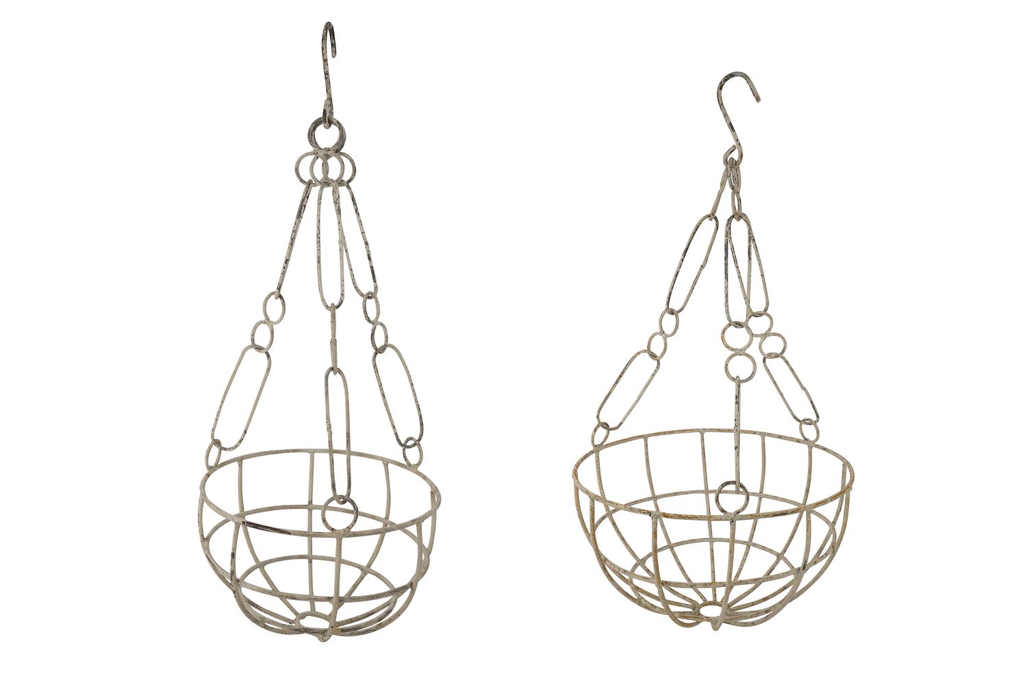 Pearl Farmhouse Iron Hanging Planter Baskets-Primitive-Distressed Shabby White- Set of 2