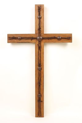 Old Door Rustic Barbed Wire Wall Cross-XLG-16x32 inches-Reclaimed Wood Old Door Rustic Barbed Wire Wall Cross-XLG-16x32 inches-Reclaimed Wood