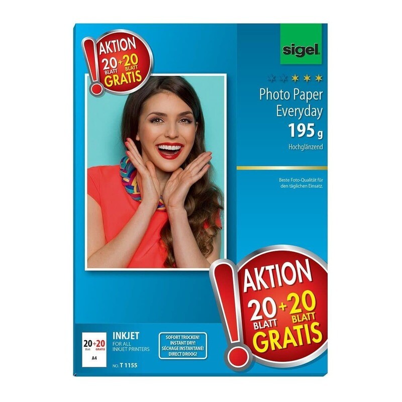 Sigel InkJet Everyday plus Photo Paper, A4, 195 gsm, 20+20 sheets, Glossy White