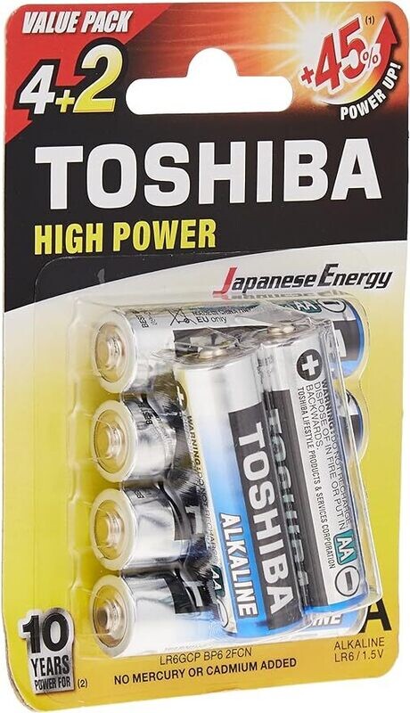 TOSHIBA Long-lasting Vibration resistance High Power Alkaline AA - 4+2 Battery Pack