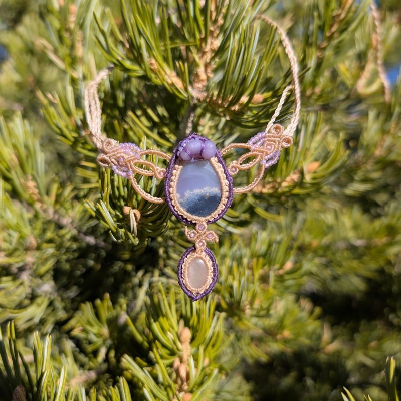 Moss Agate, Grape Agate, and Rose Quartz Victorian Pendant